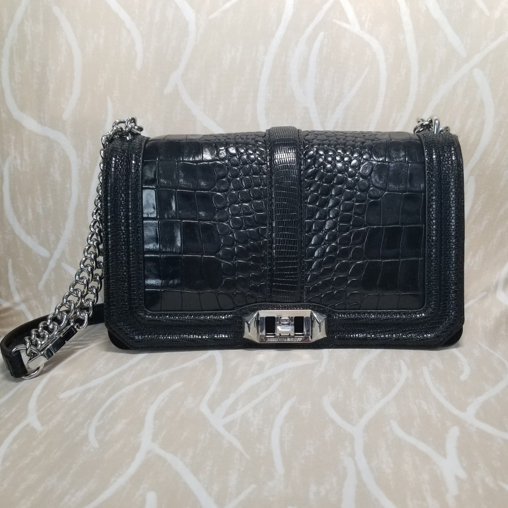 Rebecca Minkoff Love Leather Crossbody Shoulder Bag In Black Croc Effect